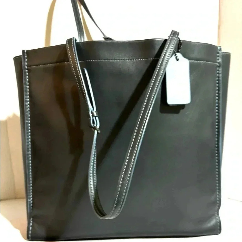 Coach navy blue gray leather shoulder handbag - Picture 4 of 14